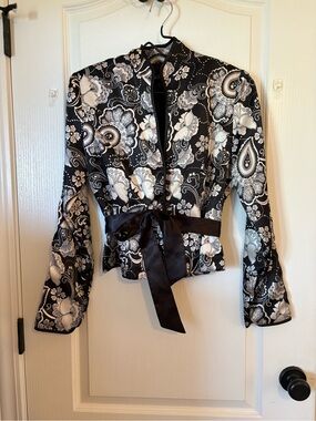 Black & White Paisley Satin Tie-Waist Blouse